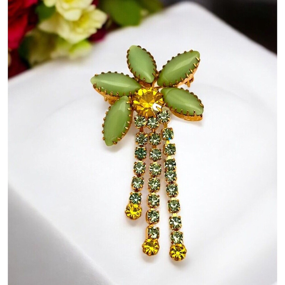 Vintage Brooch & Earring Set Rhinestones Green Yellow Demi-Parure Mcm 9v View 3